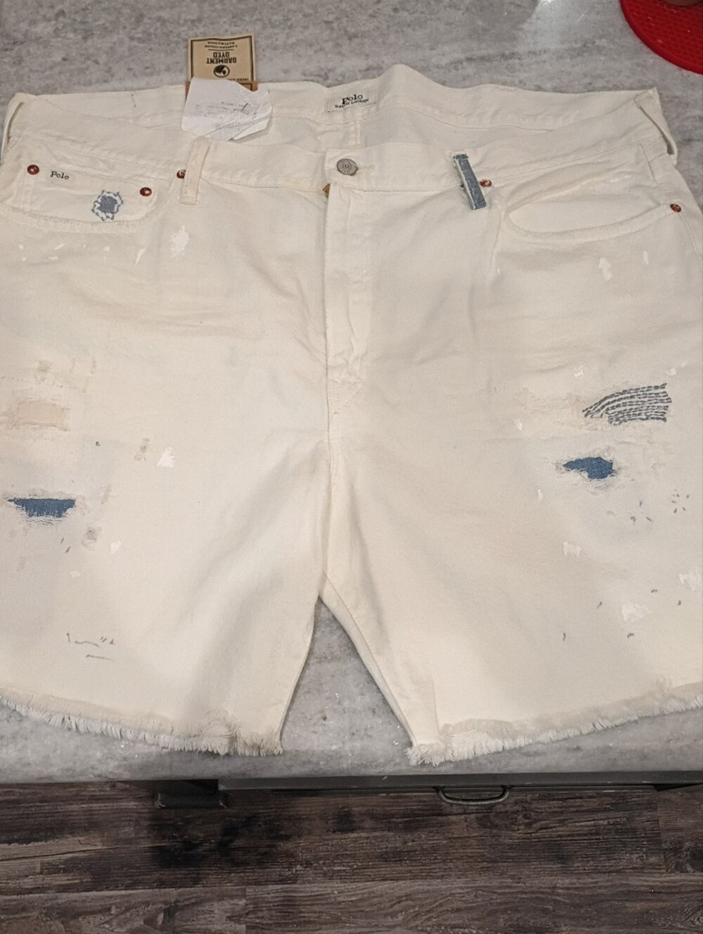 Polo Ralph Lauren Cream Distressed Denim Shorts w/ Blue Details Mens Size 42 New